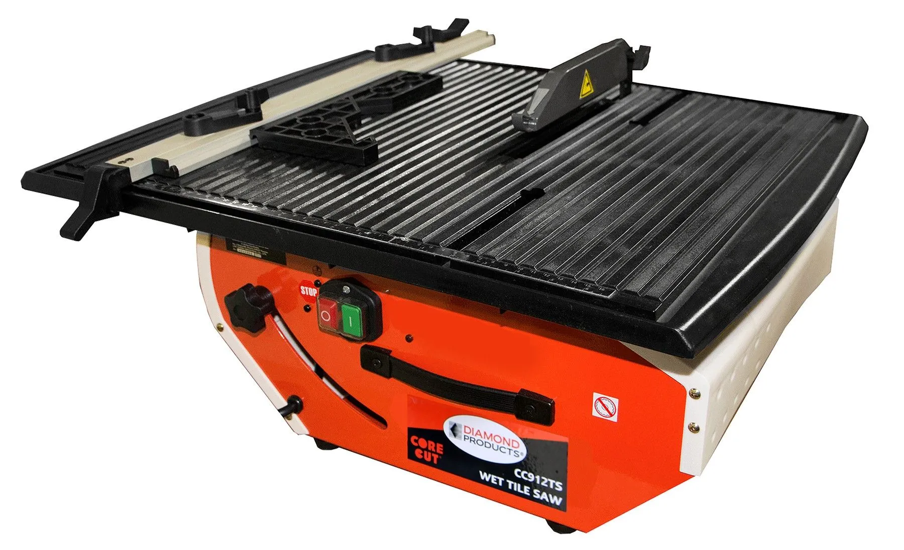 A table saw with a black top and orange frame.
