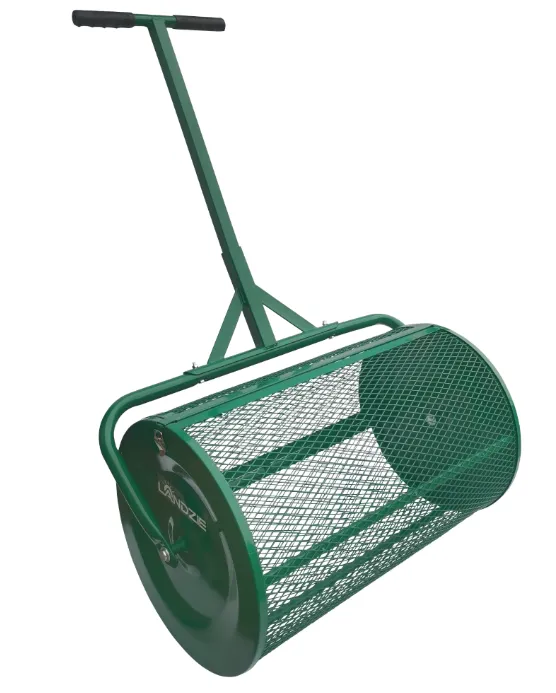 A green metal basket with handle and long rod.