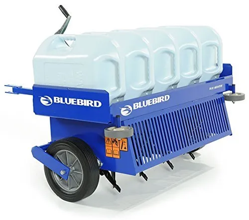 A blue bird trailer with two white tanks on it.