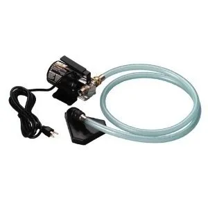 A black and white photo of a hose with a pump.